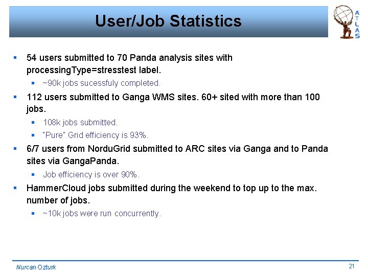 User/Job Statistics § 54 users submitted to 70 Panda analysis sites with processing. Type=stresstest