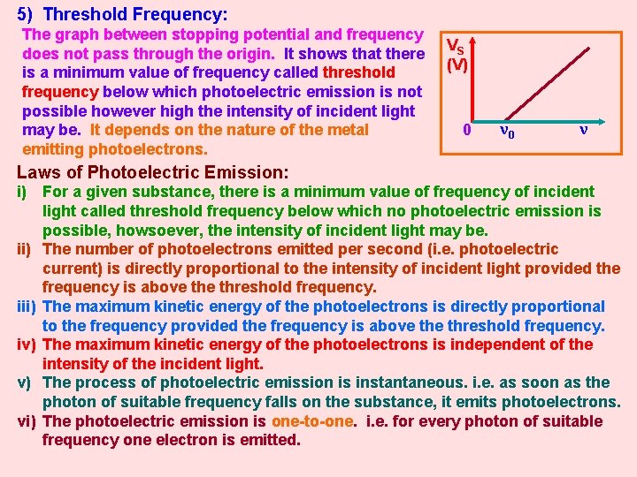 5) Threshold Frequency: The graph between stopping potential and frequency does not pass through