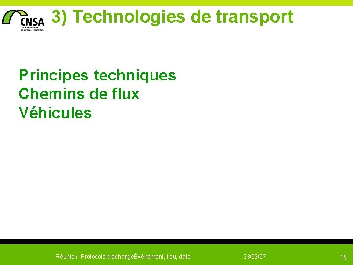  3) Technologies de transport Principes techniques Chemins de flux Véhicules Réunion Protocole d'échangeÉvénement,