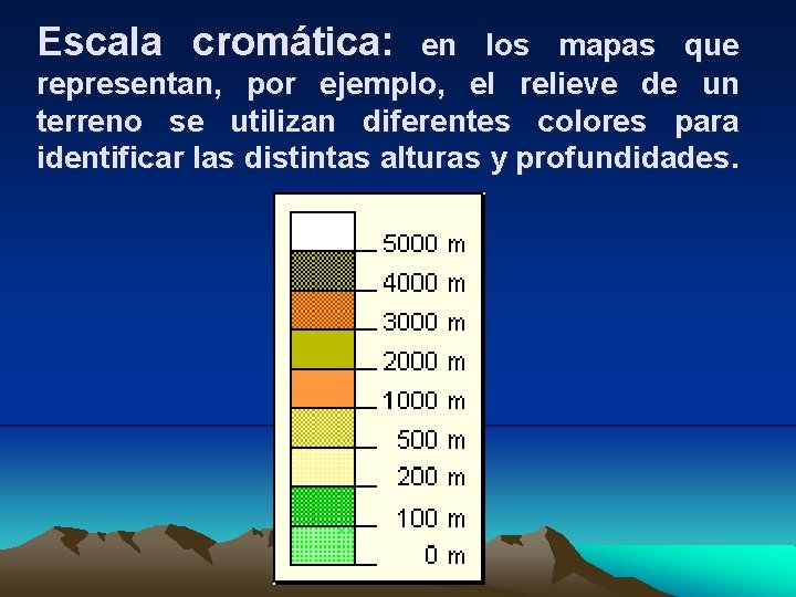Escala cromática: en los mapas que representan, por ejemplo, el relieve de un terreno