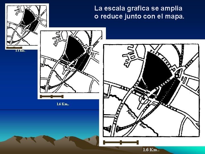 La escala grafica se amplia o reduce junto con el mapa. 1. 6 Km.