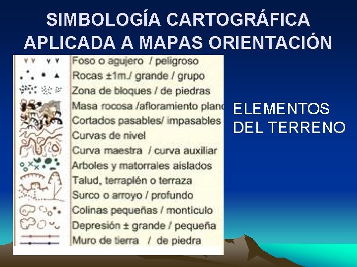 SIMBOLOGÍA CARTOGRÁFICA APLICADA A MAPAS ORIENTACIÓN ELEMENTOS DEL TERRENO 