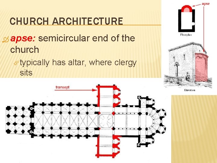 CHURCH ARCHITECTURE apse: semicircular end of the church typically sits has altar, where clergy