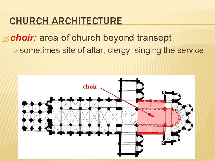 CHURCH ARCHITECTURE choir: area of church beyond transept sometimes site of altar, clergy, singing