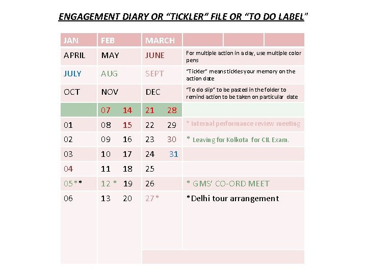 ENGAGEMENT DIARY OR “TICKLER” FILE OR “TO DO LABEL” JAN FEB MARCH APRIL MAY