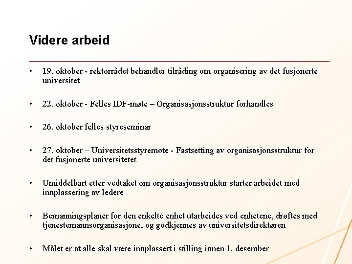 Videre arbeid • 19. oktober - rektorrådet behandler tilråding om organisering av det fusjonerte