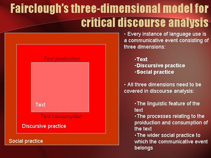 Fairclough’s three-dimensional model for critical discourse analysis • Every instance of language use is