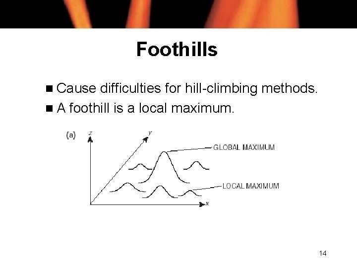 Foothills n Cause difficulties for hill-climbing methods. n A foothill is a local maximum.