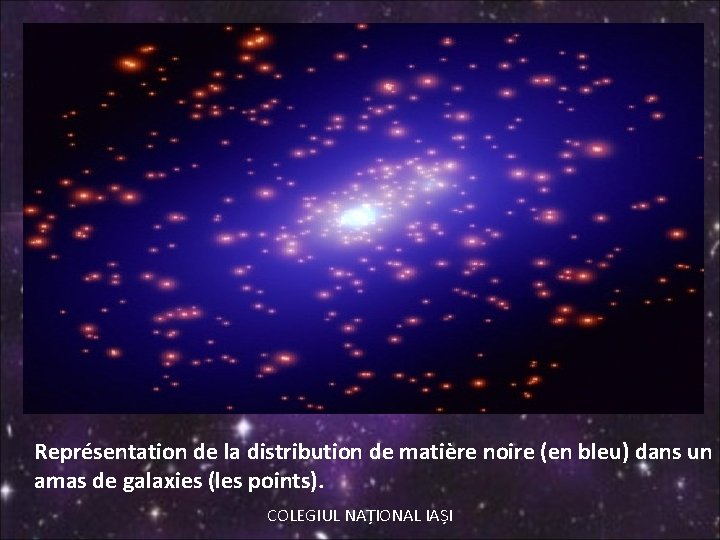 Représentation de la distribution de matière noire (en bleu) dans un amas de galaxies