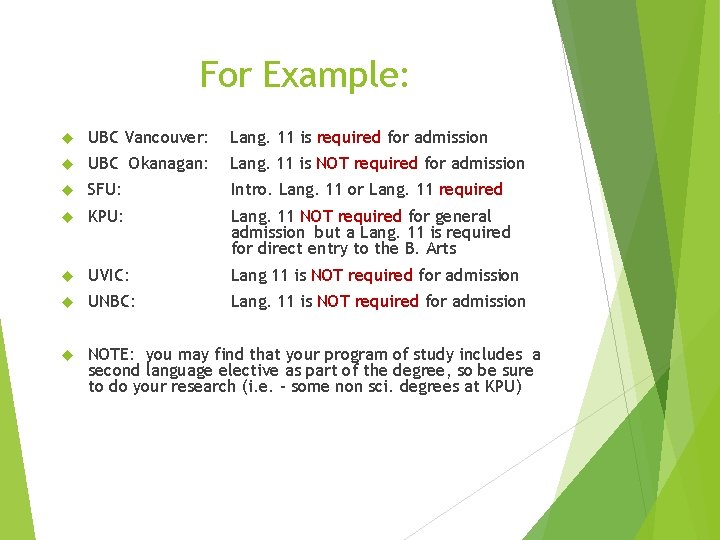 For Example: UBC Vancouver: Lang. 11 is required for admission UBC Okanagan: Lang. 11