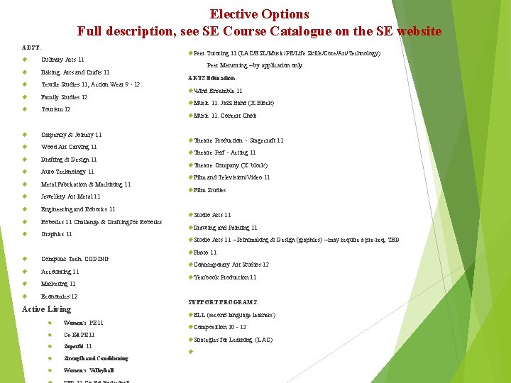 Elective Options Full description, see SE Course Catalogue on the SE website ADST: Culinary