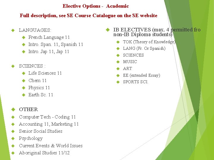 Elective Options - Academic Full description, see SE Course Catalogue on the SE website