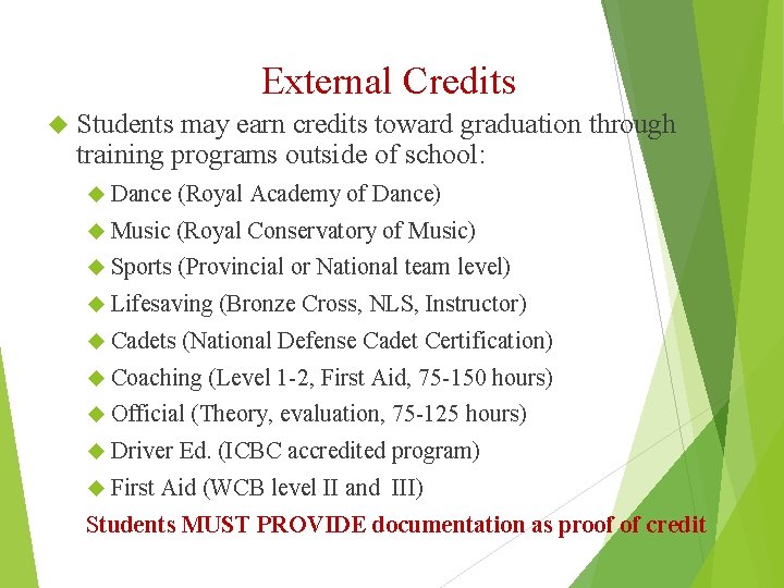 External Credits Students may earn credits toward graduation through training programs outside of school: