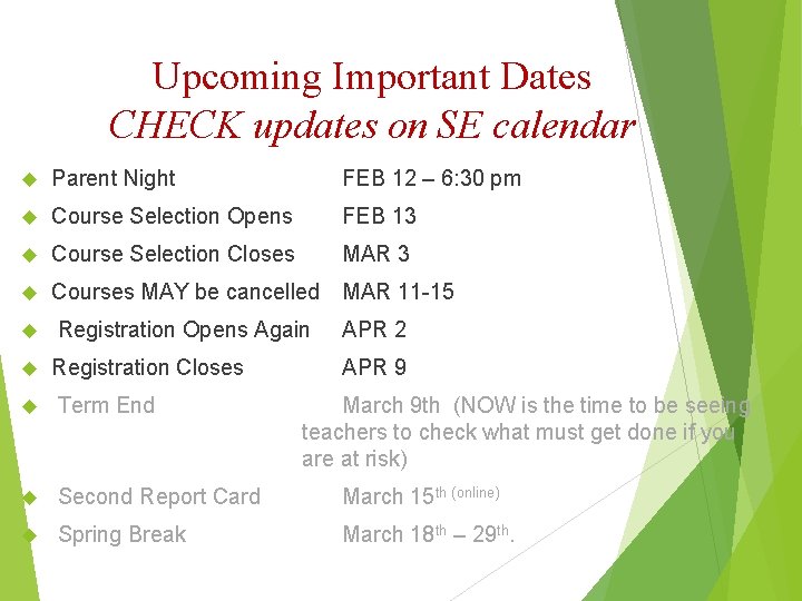 Upcoming Important Dates CHECK updates on SE calendar Parent Night FEB 12 – 6: