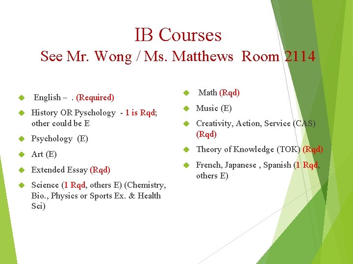 IB Courses See Mr. Wong / Ms. Matthews Room 2114 English –. (Required) History