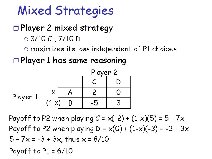 Mixed Strategies r Player 2 mixed strategy m 3/10 C , 7/10 D m