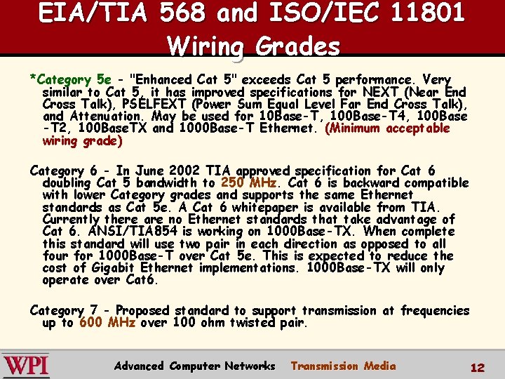 EIA/TIA 568 and ISO/IEC 11801 Wiring Grades *Category 5 e - "Enhanced Cat 5" EIA/TIA 568 and ISO/IEC 11801 Wiring Grades *Category 5 e - "Enhanced Cat 5"