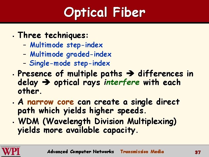 Optical Fiber § Three techniques: – Multimode step-index – Multimode graded-index – Single-mode step-index Optical Fiber § Three techniques: – Multimode step-index – Multimode graded-index – Single-mode step-index