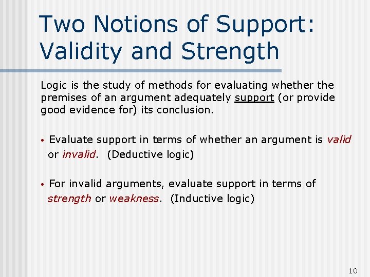 Two Notions of Support: Validity and Strength Logic is the study of methods for