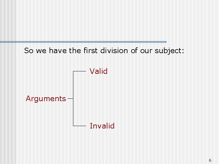 So we have the first division of our subject: Valid Arguments Invalid 6 