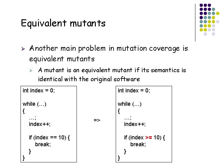 Equivalent mutants Ø Another main problem in mutation coverage is equivalent mutants Ø A