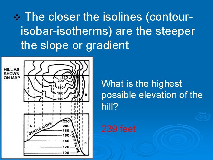 v The closer the isolines (contour- isobar-isotherms) are the steeper the slope or gradient