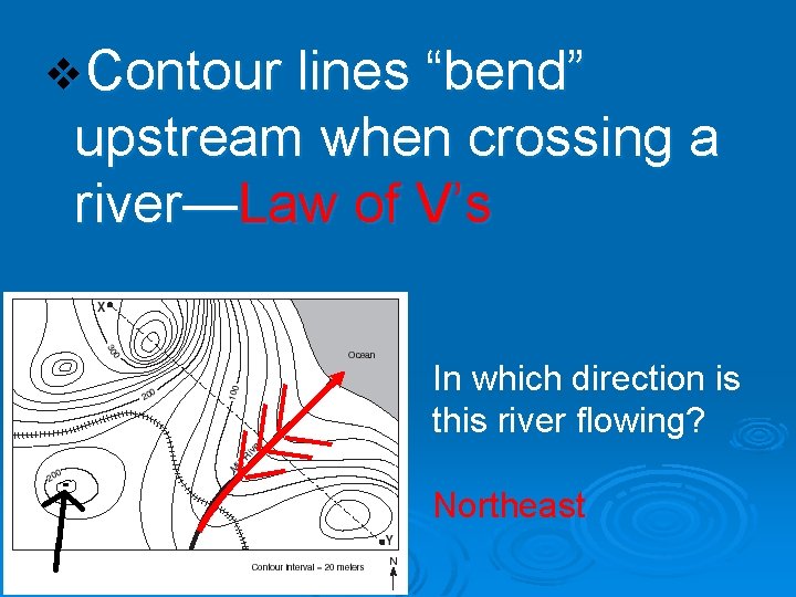 v. Contour lines “bend” upstream when crossing a river—Law of V’s In which direction