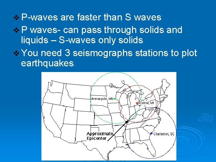 v P-waves are faster than S waves v P waves- can pass through solids