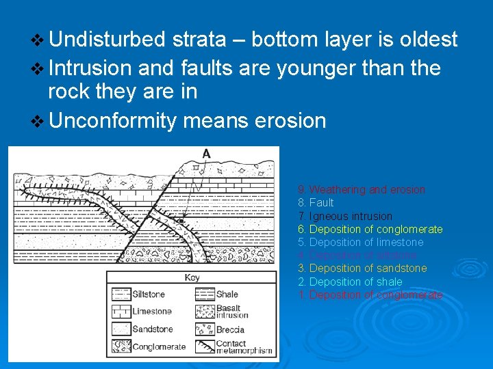 v Undisturbed strata – bottom layer is oldest v Intrusion and faults are younger