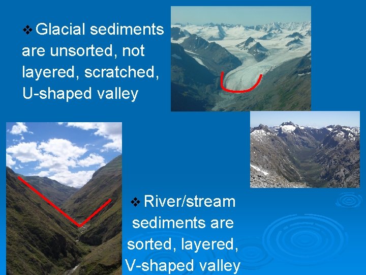 v Glacial sediments are unsorted, not layered, scratched, U-shaped valley v River/stream sediments are