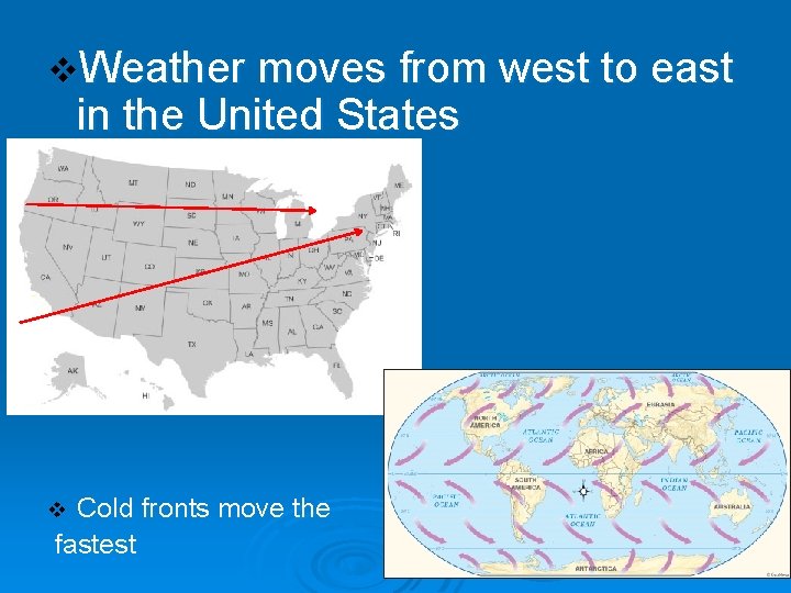 v. Weather moves from west to east in the United States Cold fronts move