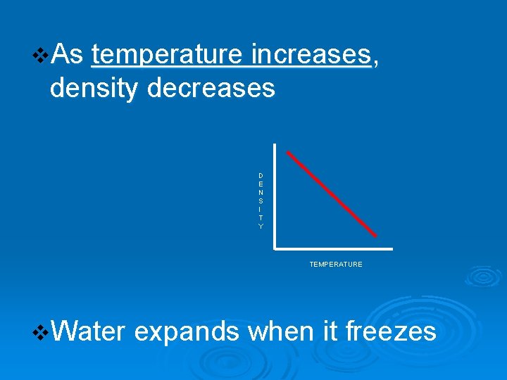 v. As temperature increases, density decreases D E N S I T Y TEMPERATURE