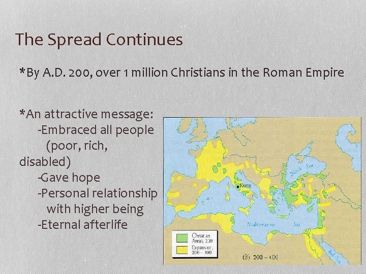 The Spread Continues *By A. D. 200, over 1 million Christians in the Roman