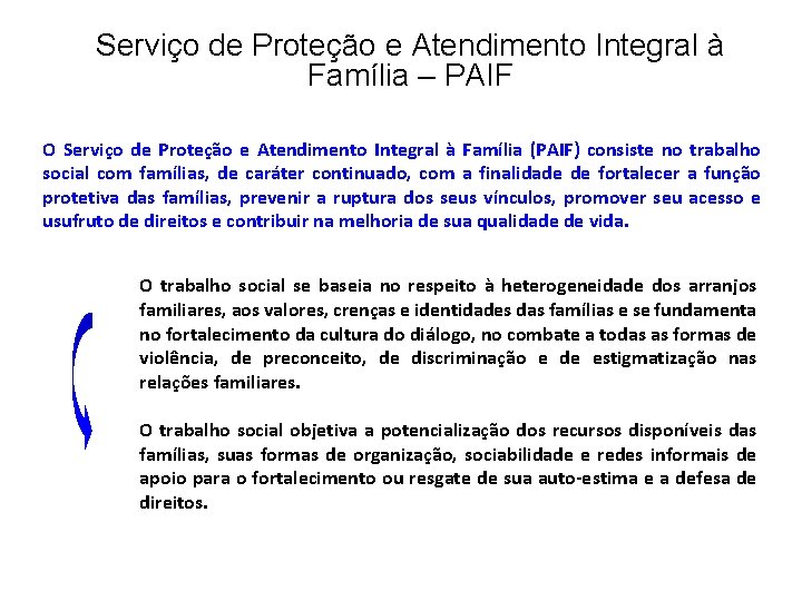 Serviço de Proteção e Atendimento Integral à Família – PAIF O Serviço de Proteção