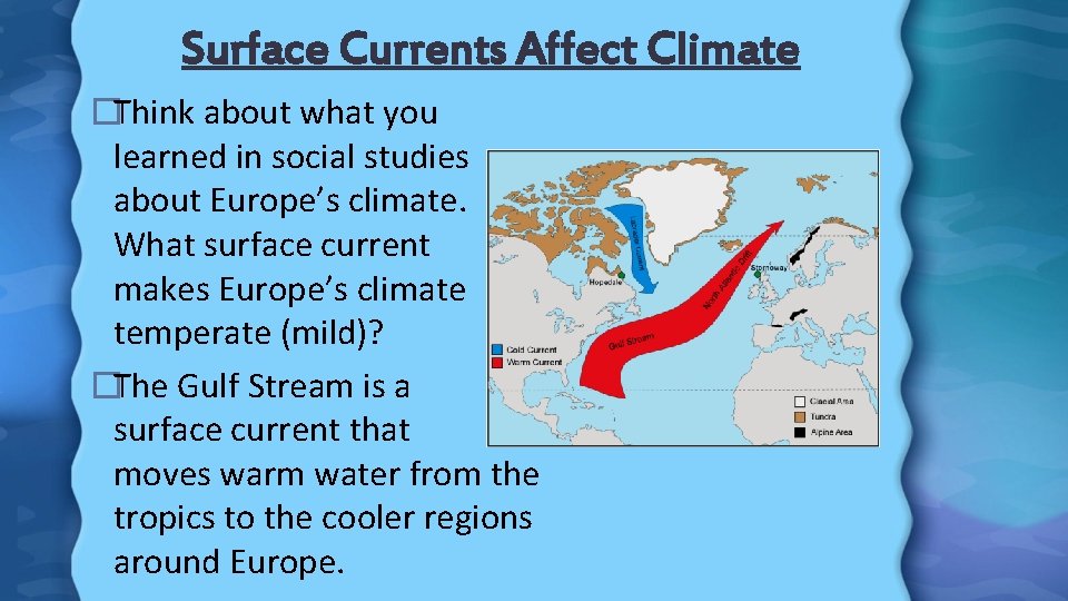 Surface Currents Affect Climate �Think about what you learned in social studies about Europe’s