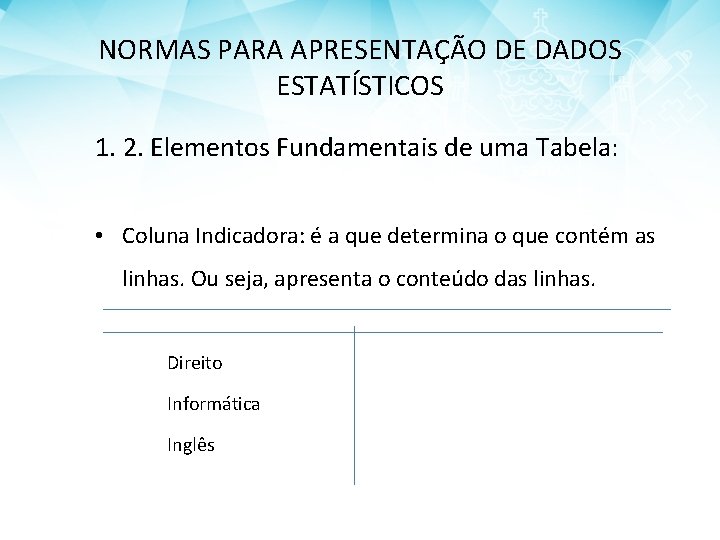 NORMAS PARA APRESENTAÇÃO DE DADOS ESTATÍSTICOS 1. 2. Elementos Fundamentais de uma Tabela: •