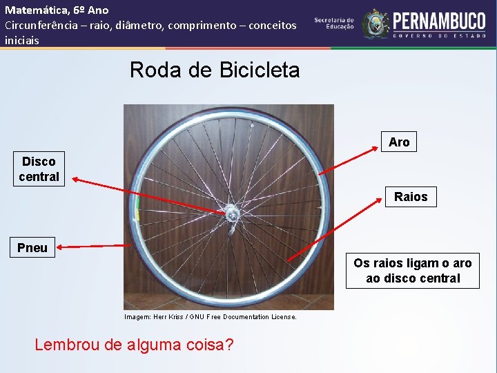 Matemática, 6º Ano Circunferência – raio, diâmetro, comprimento – conceitos iniciais Roda de Bicicleta