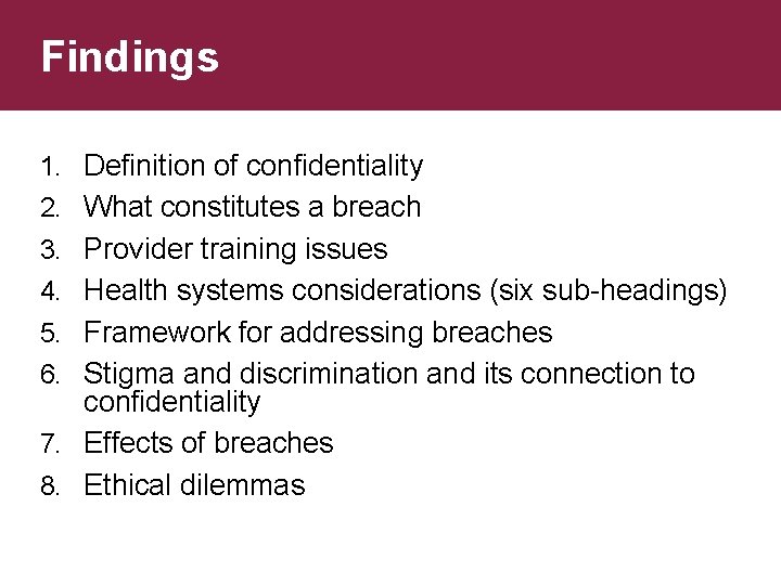 Findings 1. Definition of confidentiality 2. What constitutes a breach 3. Provider training issues