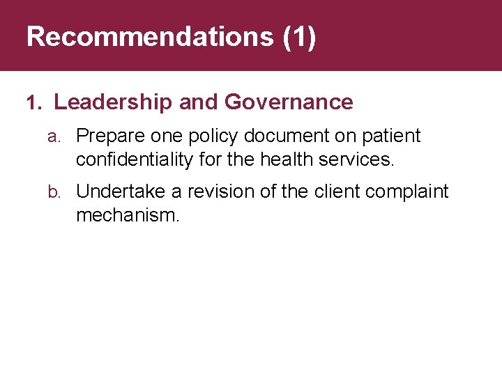 Recommendations (1) 1. Leadership and Governance a. Prepare one policy document on patient confidentiality