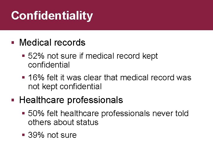 Confidentiality § Medical records § 52% not sure if medical record kept confidential §