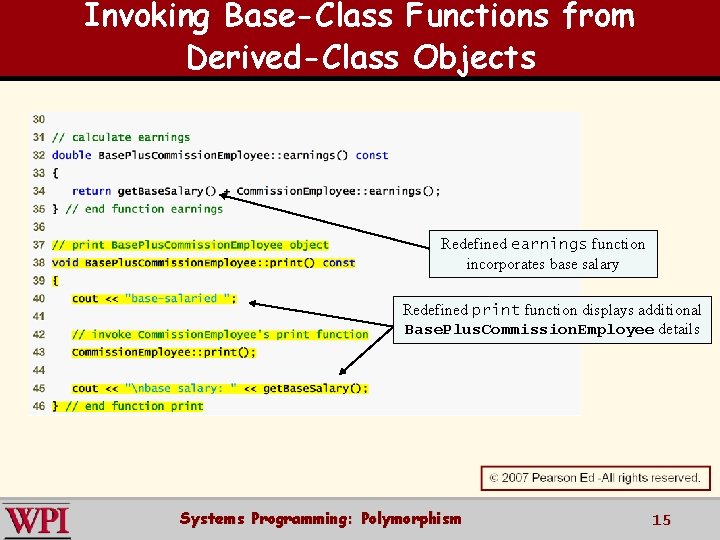 Invoking Base-Class Functions from Derived-Class Objects Redefined earnings function incorporates base salary Redefined print