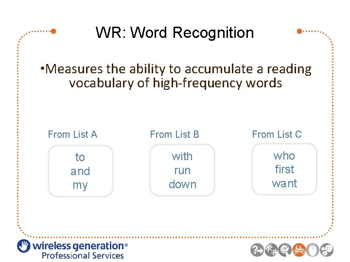WR: Word Recognition • Measures the ability to accumulate a reading vocabulary of high-frequency