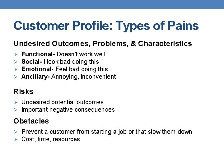 Customer Profile: Types of Pains Undesired Outcomes, Problems, & Characteristics Ø Ø Functional- Doesn’t