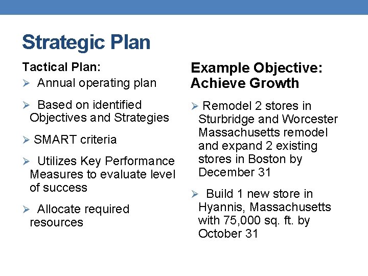 Strategic Plan Tactical Plan: Ø Annual operating plan Example Objective: Achieve Growth Ø Based