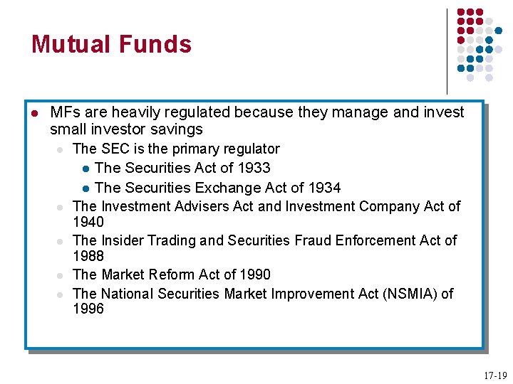 Mutual Funds l MFs are heavily regulated because they manage and invest small investor