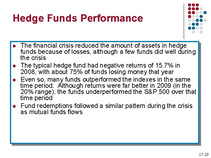 Hedge Funds Performance l l The financial crisis reduced the amount of assets in