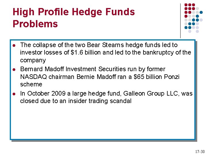 High Profile Hedge Funds Problems l l l The collapse of the two Bear