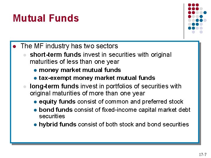 Mutual Funds l The MF industry has two sectors l short-term funds invest in