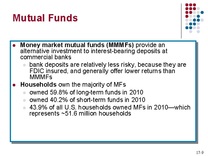 Mutual Funds l l Money market mutual funds (MMMFs) provide an alternative investment to