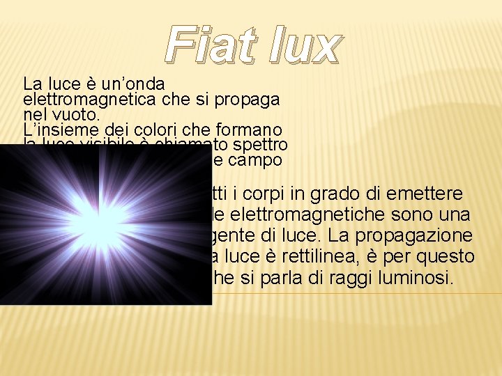 Fiat lux La luce è un’onda elettromagnetica che si propaga nel vuoto. L’insieme dei Fiat lux La luce è un’onda elettromagnetica che si propaga nel vuoto. L’insieme dei